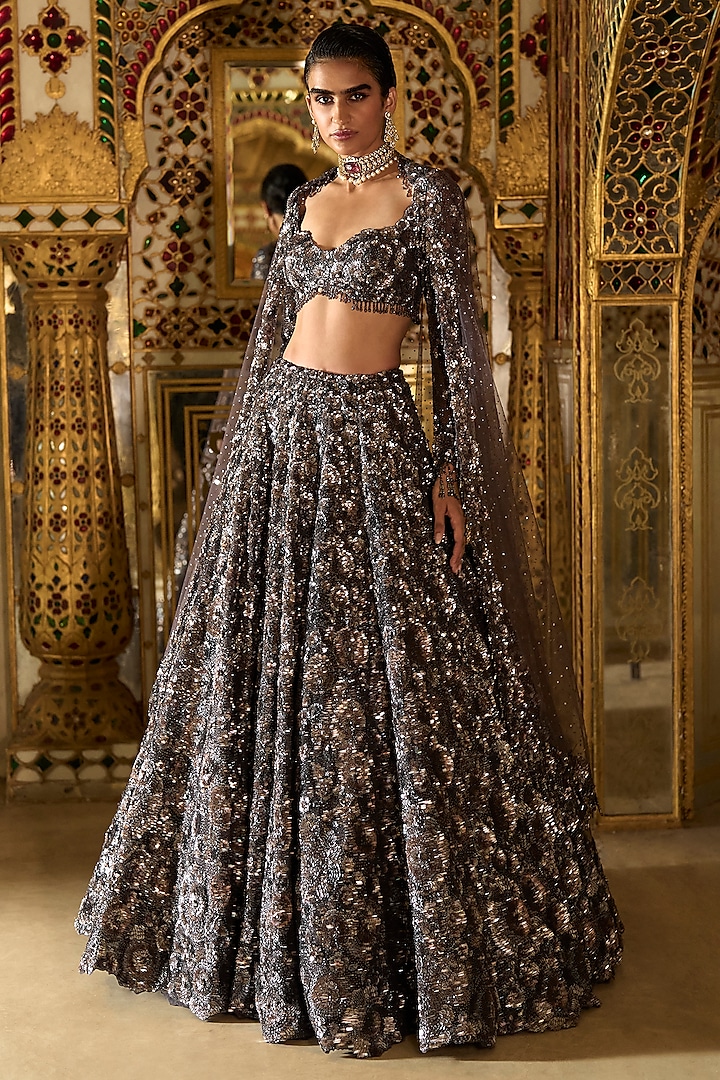 Charcoal Net Crystal Embroidered Bridal Lehenga Set by Seema Gujral at Pernia's Pop Up Shop