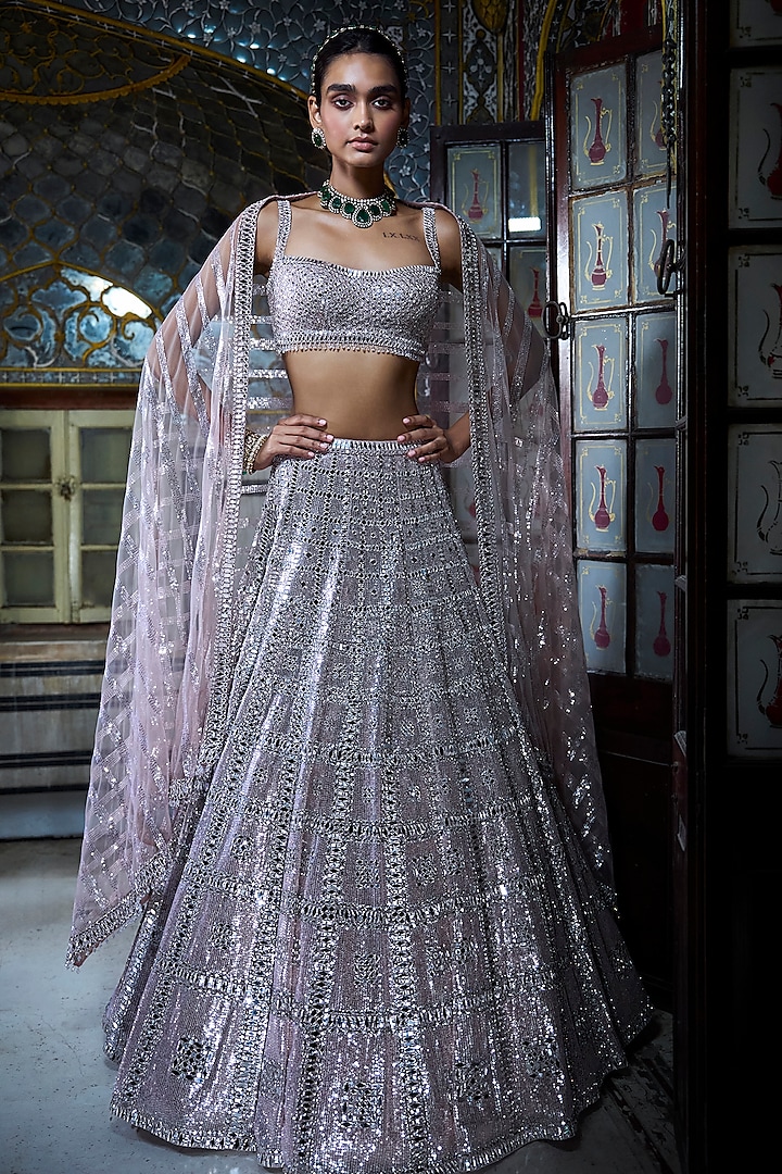 Rose Gold Net Mirror Work Bridal Lehenga Set by Seema Gujral at Pernia's Pop Up Shop