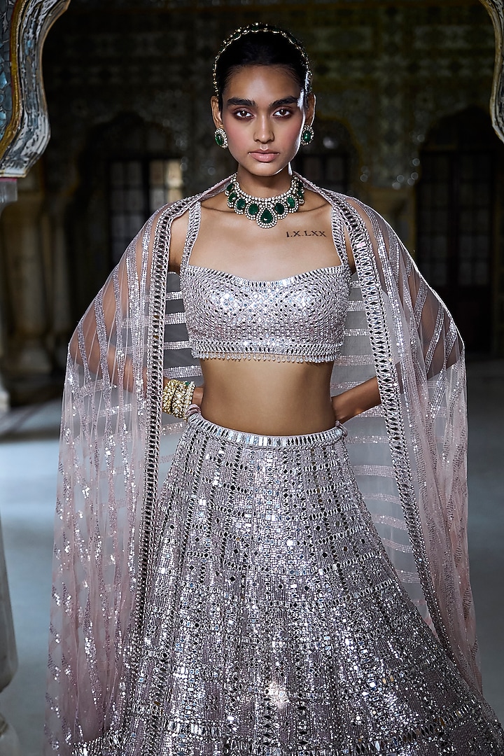 Rose Gold Net Mirror Work Bridal Lehenga Set by Seema Gujral at Pernia's Pop Up Shop