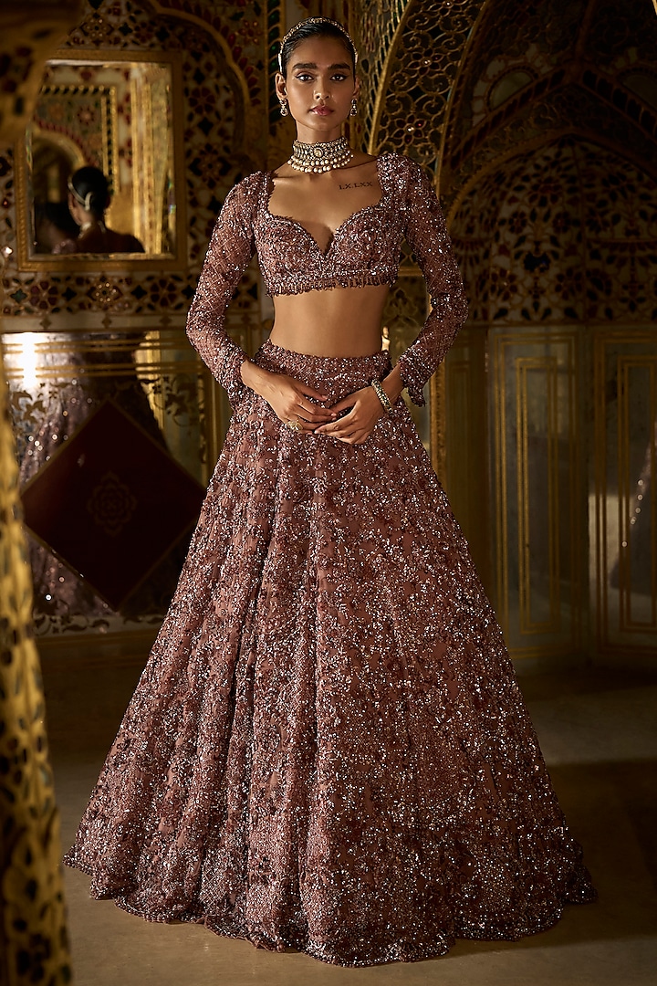 Plum Net Crystal Embroidered Bridal Lehenga Set by Seema Gujral at Pernia's Pop Up Shop