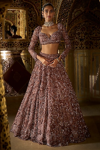 Plum Net Crystal Embroidered Lehenga Set by Seema Gujral