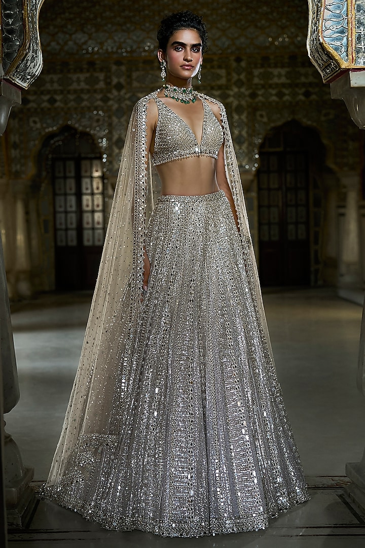 Champagne Silver Net Mirror Work Bridal Lehenga Set by Seema Gujral at Pernia's Pop Up Shop