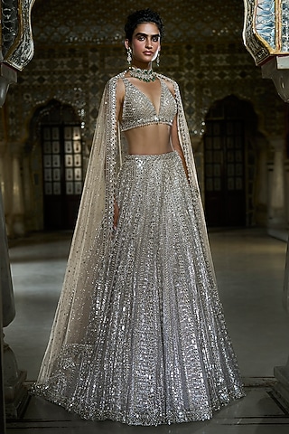 Champagne Silver Net Mirror Work Lehenga Set by Seema Gujral