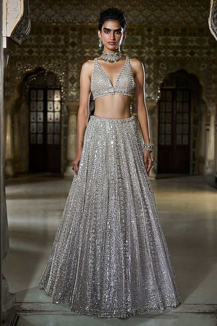 Champagne Silver Net Mirror Work Bridal Lehenga Set by Seema Gujral at Pernia's Pop Up Shop