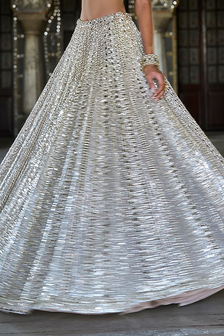 Champagne Silver Net Mirror Work Bridal Lehenga Set by Seema Gujral at Pernia's Pop Up Shop