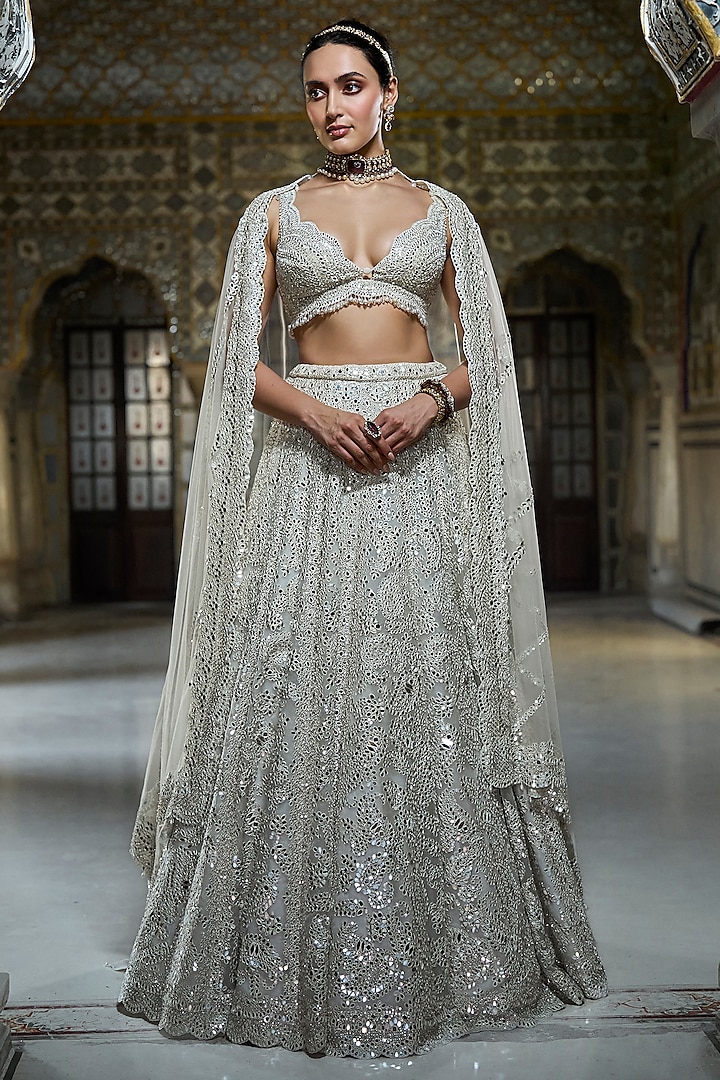 Ivory Organza Mirror Work Bridal Lehenga Set by Seema Gujral at Pernia's Pop Up Shop