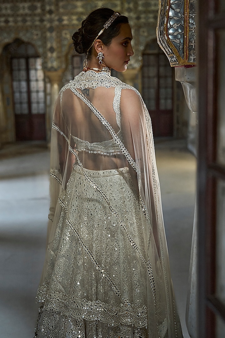 Ivory Organza Mirror Work Bridal Lehenga Set by Seema Gujral at Pernia's Pop Up Shop