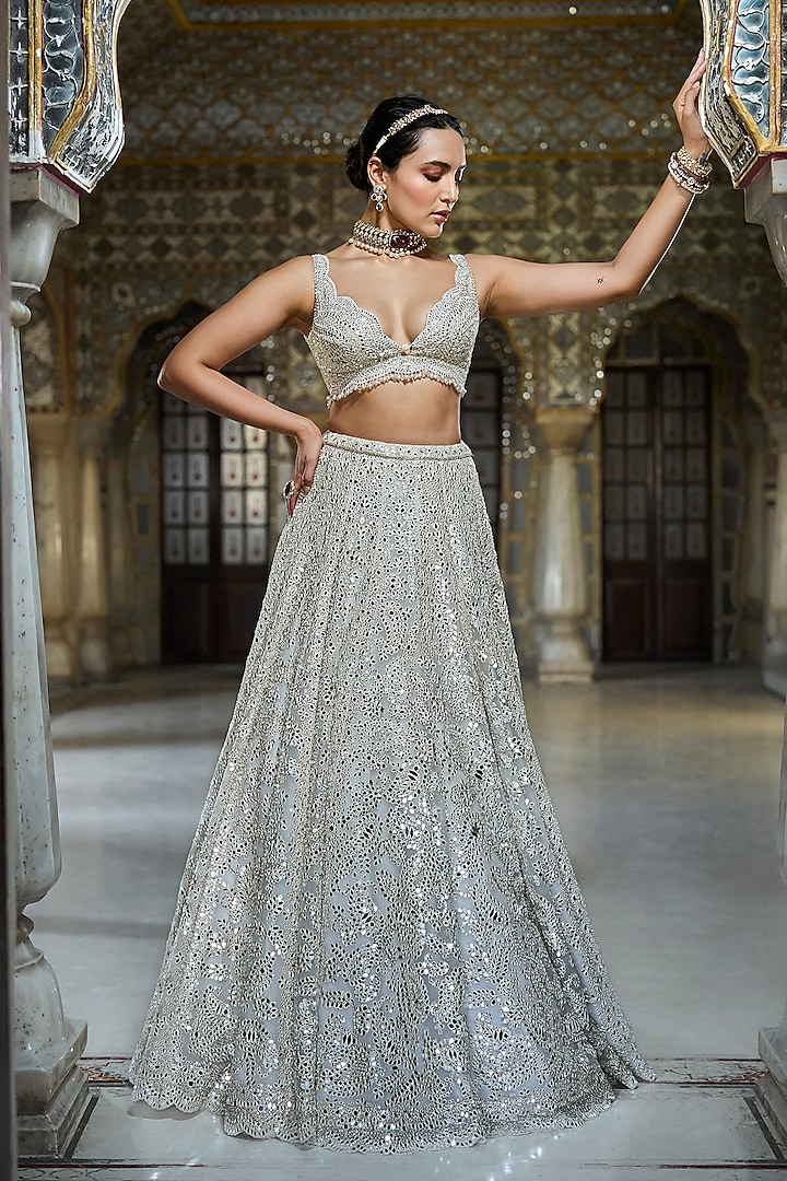 Ivory Organza Mirror Work Bridal Lehenga Set by Seema Gujral at Pernia's Pop Up Shop