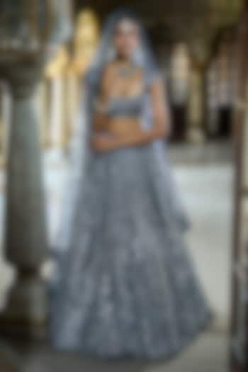 Steel Grey Organza Mirror Work Bridal Lehenga Set by Seema Gujral at Pernia's Pop Up Shop