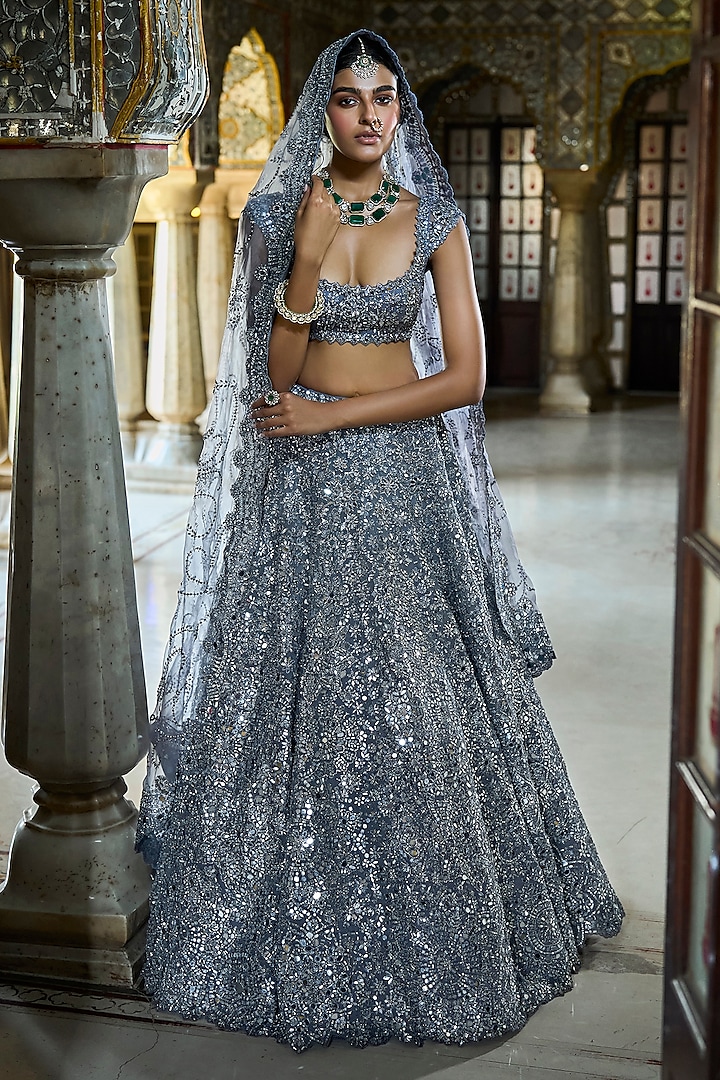 Steel Grey Organza Mirror Work Bridal Lehenga Set by Seema Gujral at Pernia's Pop Up Shop