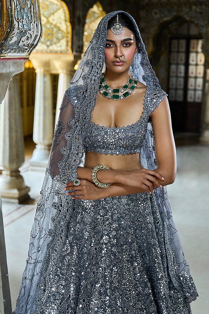 Steel Grey Organza Mirror Work Bridal Lehenga Set by Seema Gujral at Pernia's Pop Up Shop
