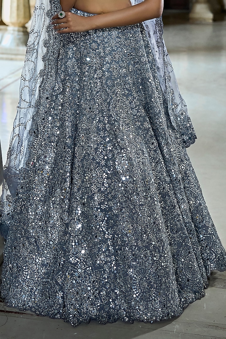 Steel Grey Organza Mirror Work Bridal Lehenga Set by Seema Gujral at Pernia's Pop Up Shop