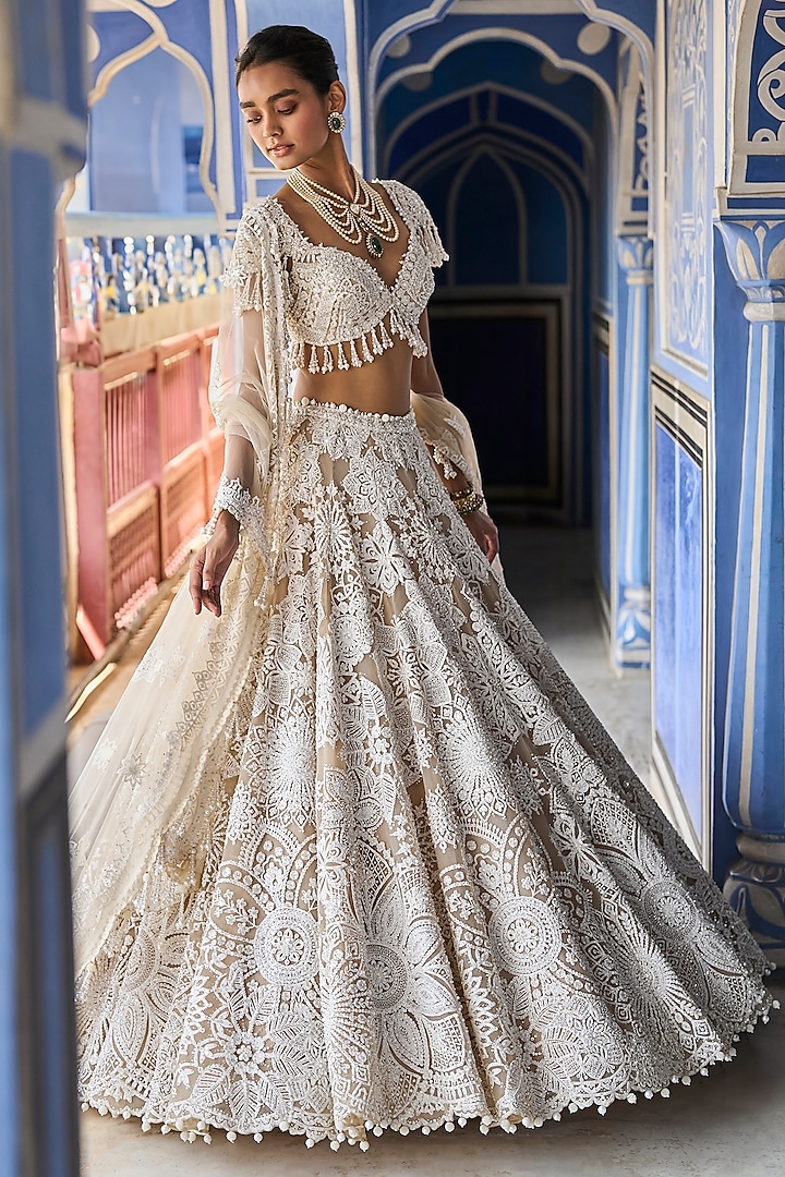 Nude Cream Net Sequins & Pearl Embroidered Bridal Lehenga Set by Seema Gujral at Pernia's Pop Up Shop