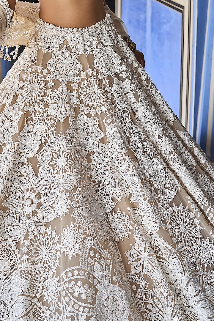 Nude Cream Net Sequins & Pearl Embroidered Bridal Lehenga Set by Seema Gujral at Pernia's Pop Up Shop