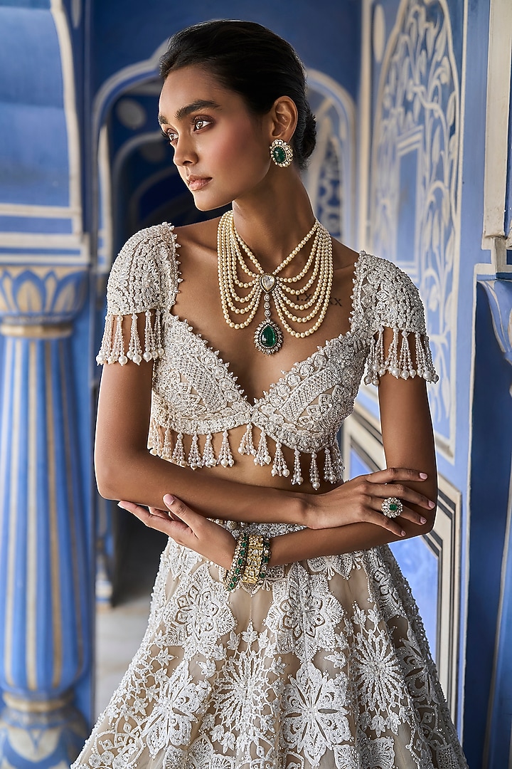Nude Cream Net Sequins & Pearl Embroidered Bridal Lehenga Set by Seema Gujral at Pernia's Pop Up Shop
