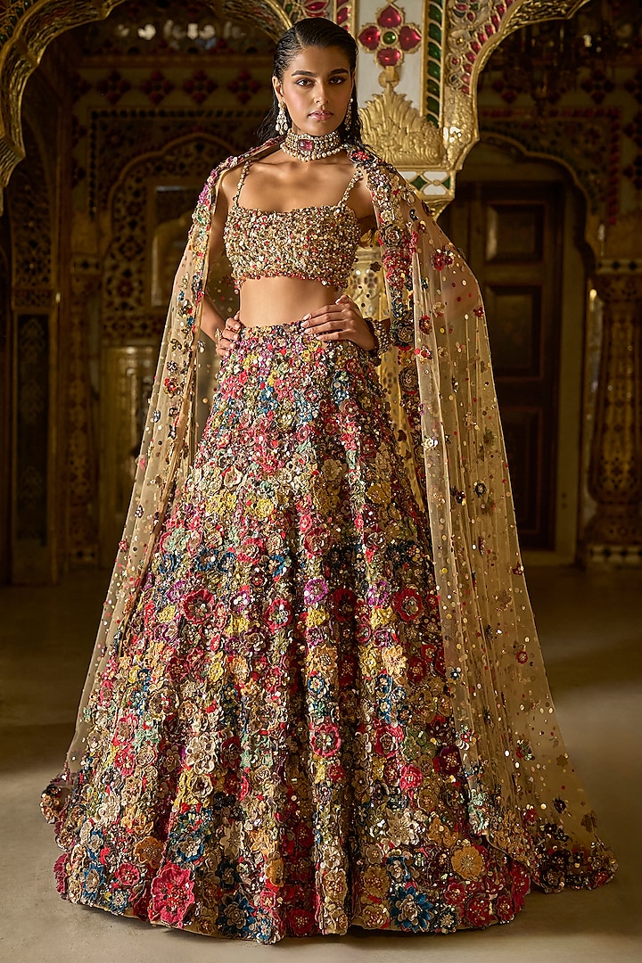 Multi-Colored Net 3D Floral & Sequins Embroidered Bridal Lehenga Set by Seema Gujral at Pernia's Pop Up Shop