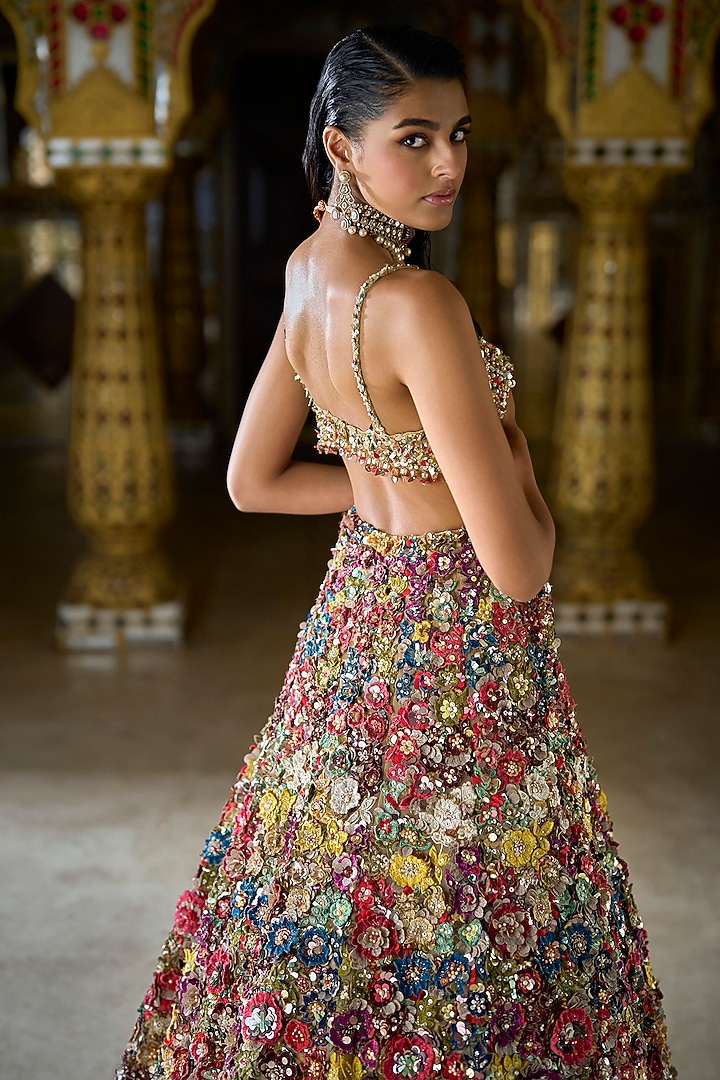 Multi-Colored Net 3D Floral & Sequins Embroidered Bridal Lehenga Set by Seema Gujral at Pernia's Pop Up Shop