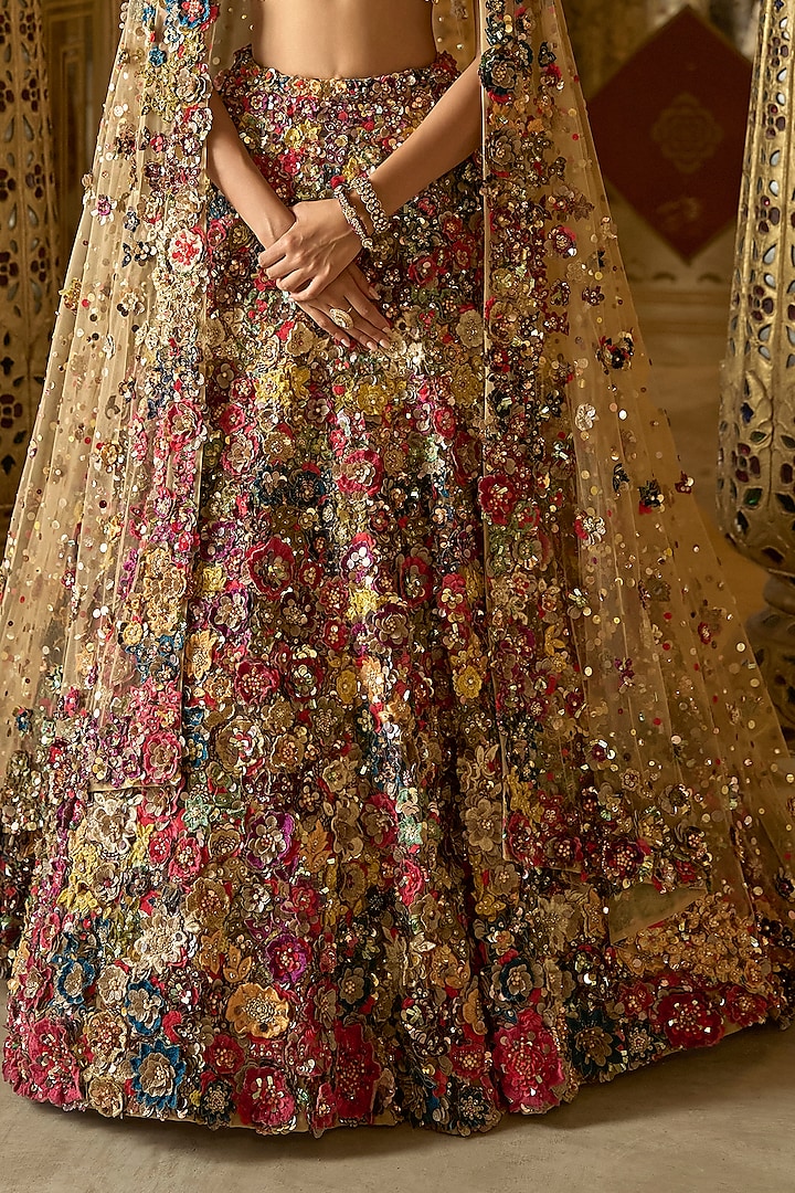 Multi-Colored Net 3D Floral & Sequins Embroidered Bridal Lehenga Set by Seema Gujral at Pernia's Pop Up Shop