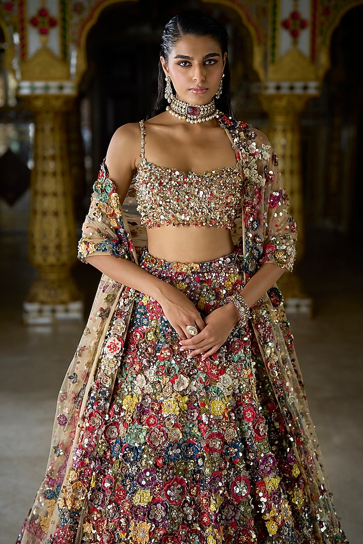 Multi-Colored Net 3D Floral & Sequins Embroidered Bridal Lehenga Set by Seema Gujral at Pernia's Pop Up Shop