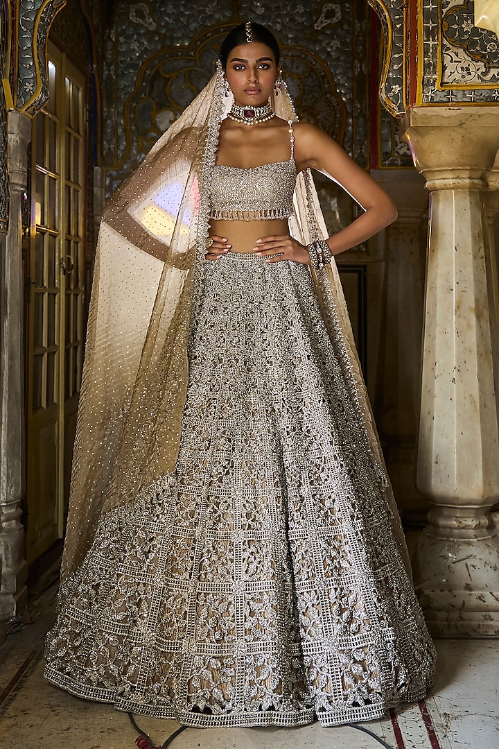 Silver Net Heavy Cut-Work Embroidered Bridal Lehenga Set by Seema Gujral at Pernia's Pop Up Shop