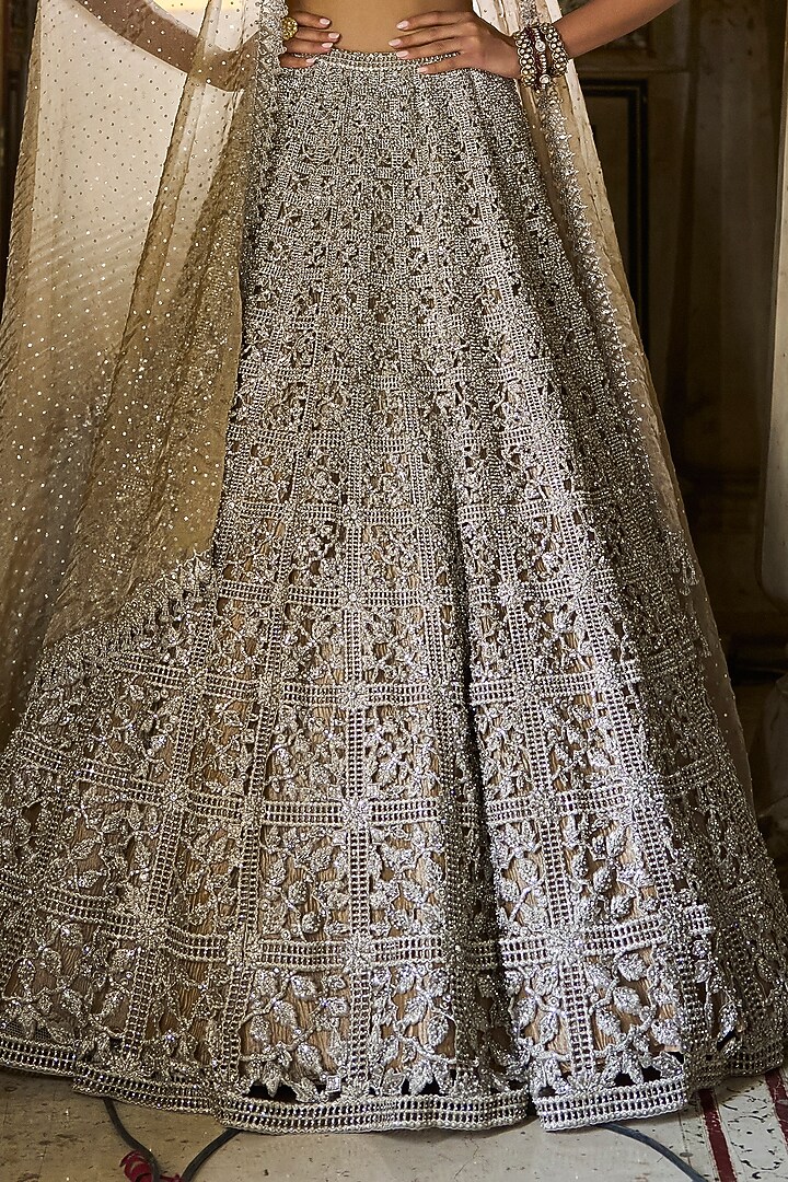 Silver Net Heavy Cut-Work Embroidered Bridal Lehenga Set by Seema Gujral at Pernia's Pop Up Shop