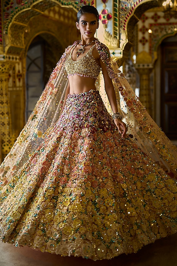 Ombre Multi-Colored Net 3D Floral & Sequins Embroidered Bridal Lehenga Set by Seema Gujral at Pernia's Pop Up Shop