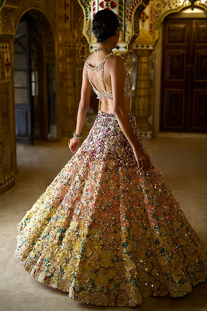 Ombre Multi-Colored Net 3D Floral & Sequins Embroidered Bridal Lehenga Set by Seema Gujral at Pernia's Pop Up Shop