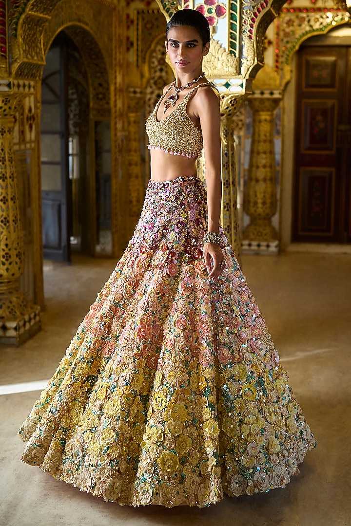 Ombre Multi-Colored Net 3D Floral & Sequins Embroidered Bridal Lehenga Set by Seema Gujral at Pernia's Pop Up Shop