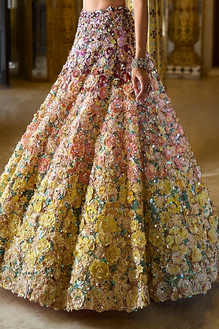 Ombre Multi-Colored Net 3D Floral & Sequins Embroidered Bridal Lehenga Set by Seema Gujral at Pernia's Pop Up Shop