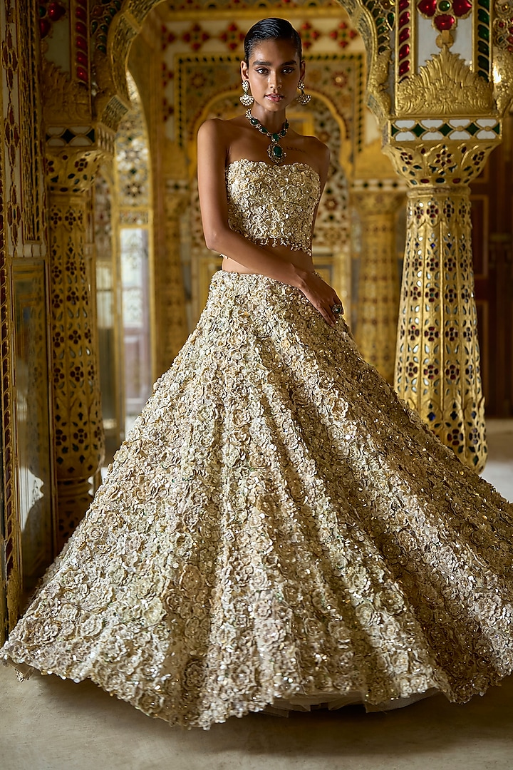 Vintage Ivory Net Pearl Embroidered Three-Dimensional Bridal Lehenga Set by Seema Gujral at Pernia's Pop Up Shop