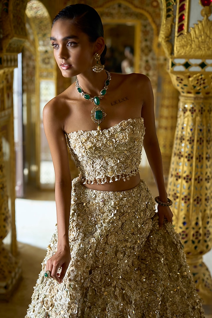 Vintage Ivory Net Pearl Embroidered Three-Dimensional Bridal Lehenga Set by Seema Gujral at Pernia's Pop Up Shop