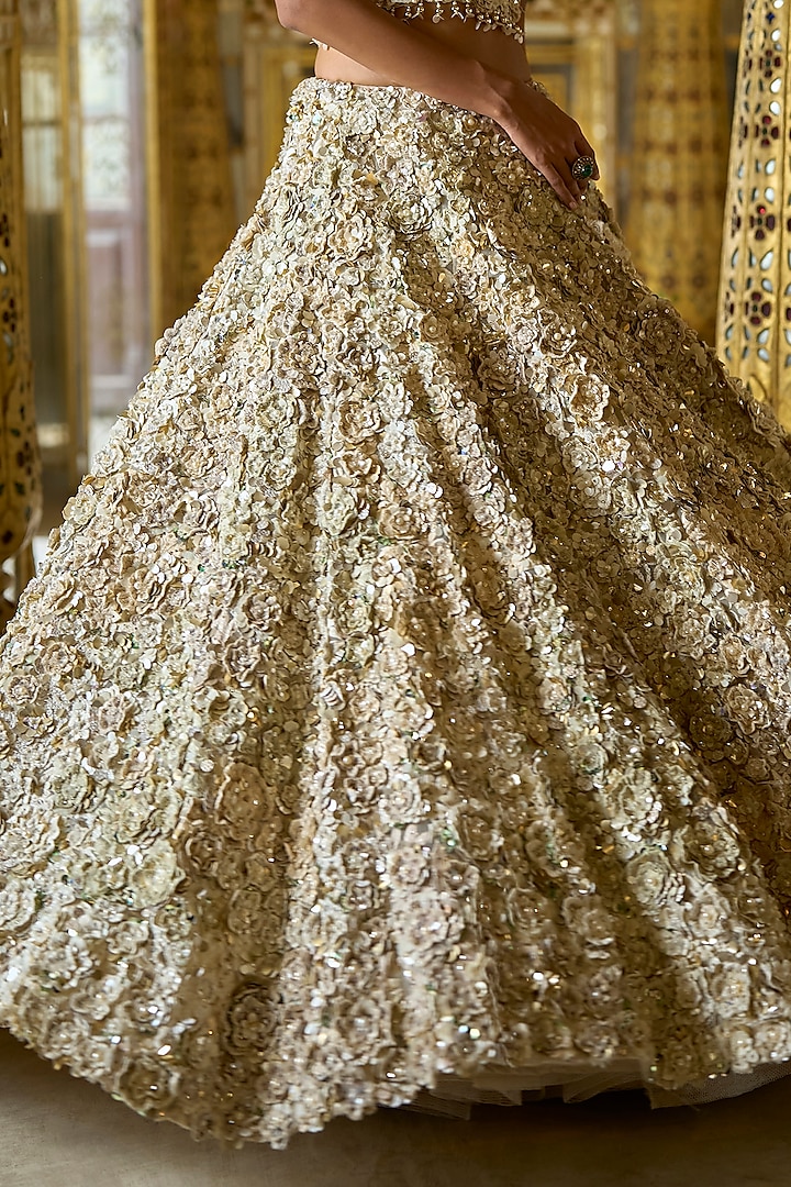 Vintage Ivory Net Pearl Embroidered Three-Dimensional Bridal Lehenga Set by Seema Gujral at Pernia's Pop Up Shop