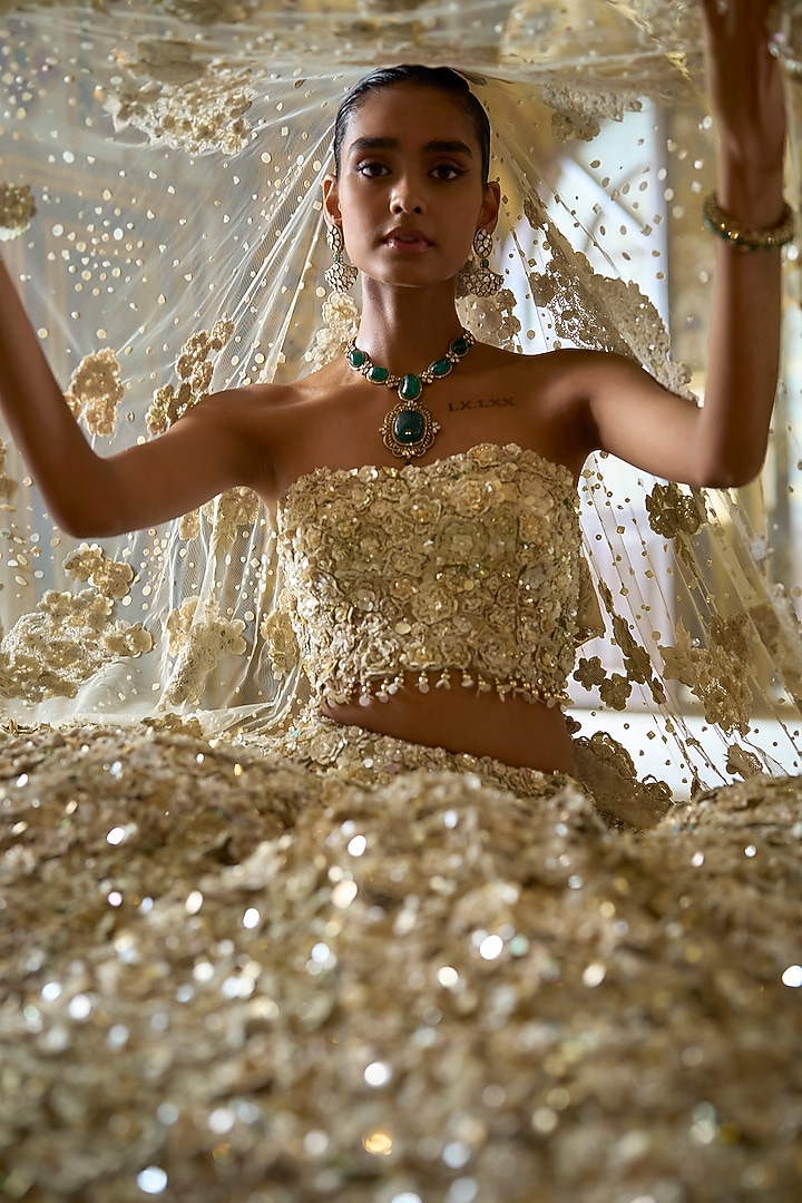 Vintage Ivory Net Pearl Embroidered Three-Dimensional Bridal Lehenga Set by Seema Gujral at Pernia's Pop Up Shop