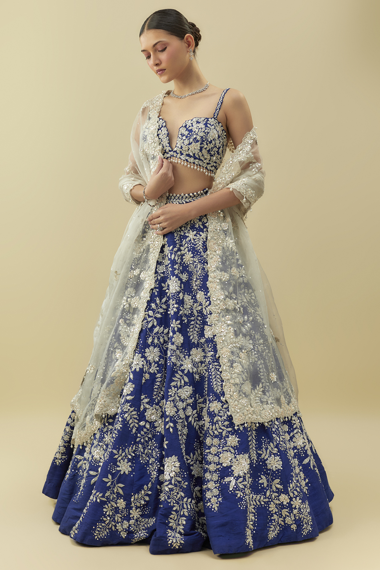 Cobalt Blue Raw Silk Sequins Embroidered Bridal Lehenga Set by Seema Gujral at Pernia's Pop Up Shop