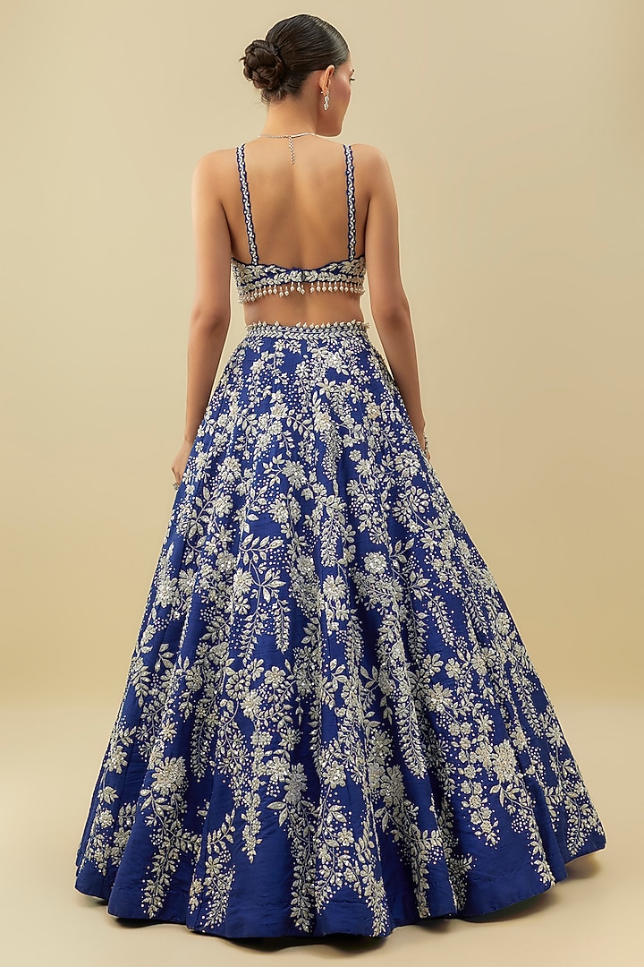 Cobalt Blue Raw Silk Sequins Embroidered Bridal Lehenga Set by Seema Gujral at Pernia's Pop Up Shop