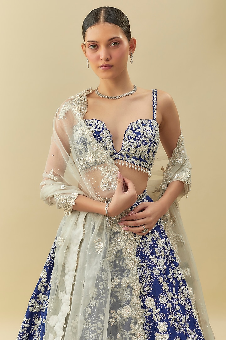 Cobalt Blue Raw Silk Sequins Embroidered Bridal Lehenga Set by Seema Gujral at Pernia's Pop Up Shop