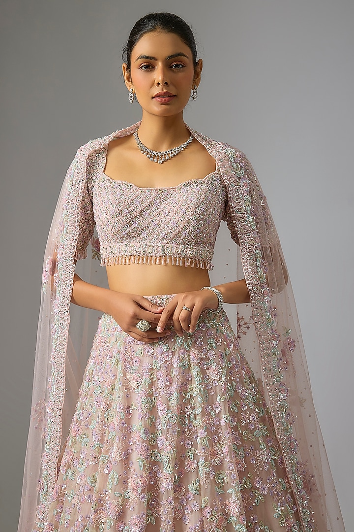 Rose Pink Organza Sequin Embroidered Bridal Lehenga Set by Seema Gujral at Pernia's Pop Up Shop