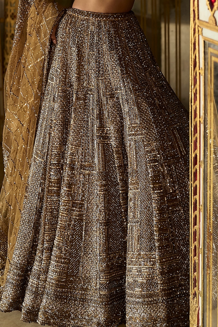 Antique Gold Net Sequins Embroidered Bridal Lehenga Set by Seema Gujral at Pernia's Pop Up Shop