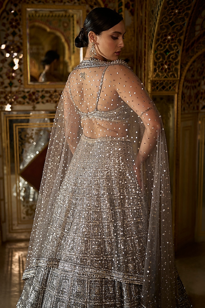 Charcoal Grey Net Sequins Embroidered Bridal Lehenga Set by Seema Gujral at Pernia's Pop Up Shop