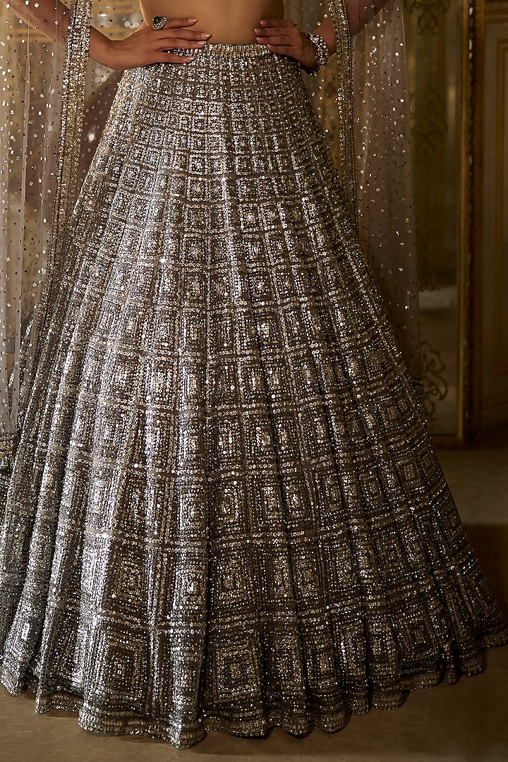 Charcoal Grey Net Sequins Embroidered Bridal Lehenga Set by Seema Gujral at Pernia's Pop Up Shop