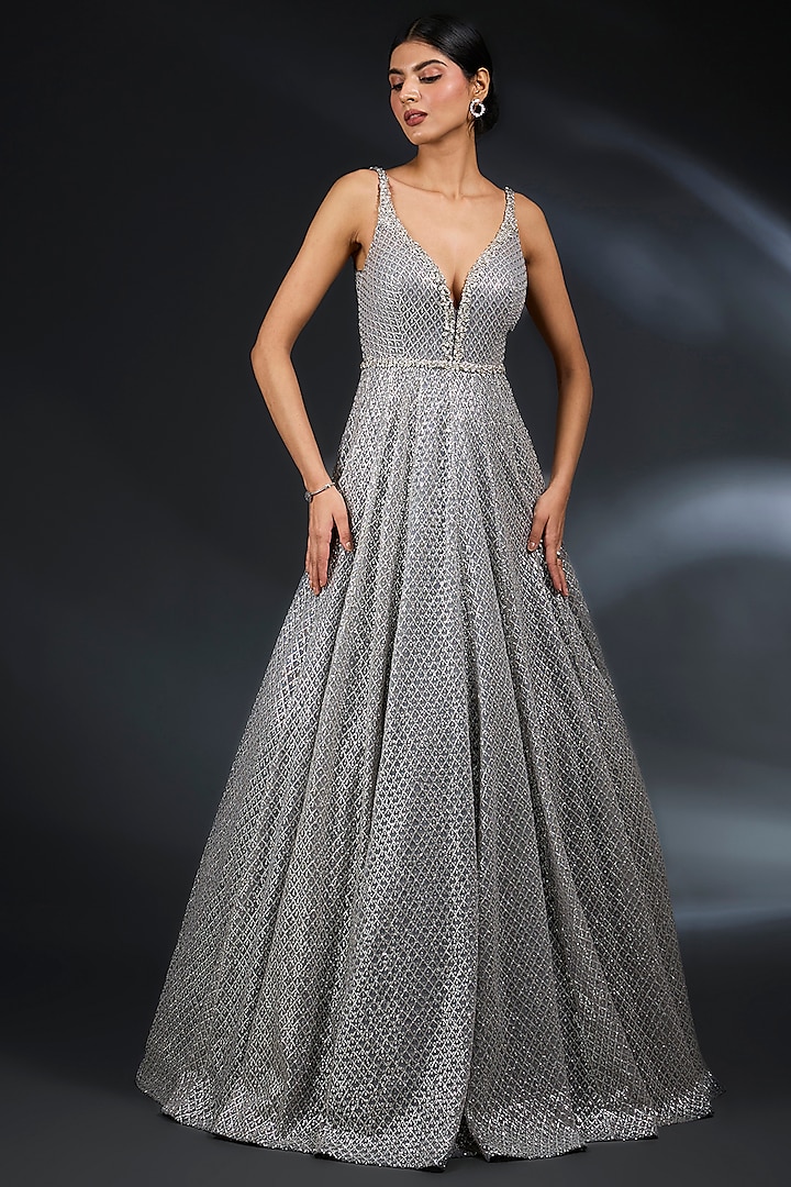 Silver Net Sequins Embroidered Gown by Seema Gujral at Pernia's Pop Up Shop