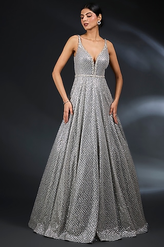 Silver Net Sequins Embroidered Gown by Seema Gujral