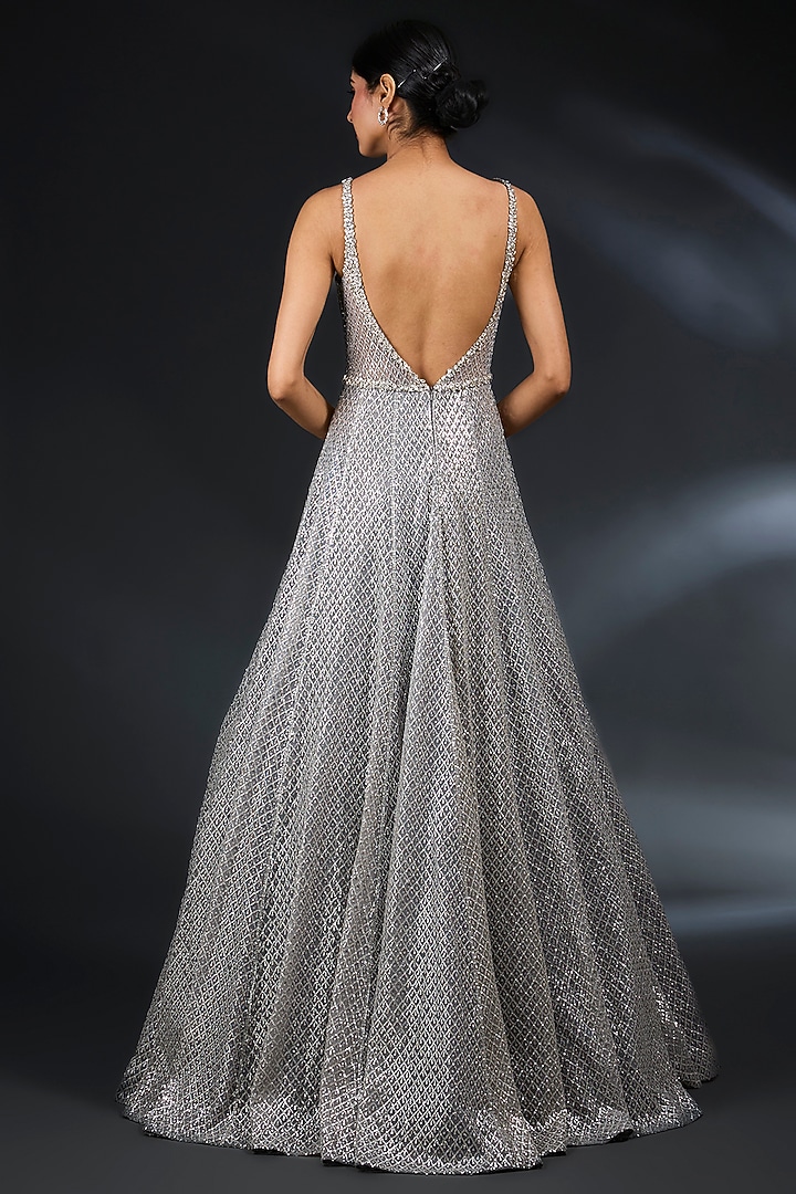 Silver Net Sequins Embroidered Bridal Gown by Seema Gujral at Pernia's Pop Up Shop