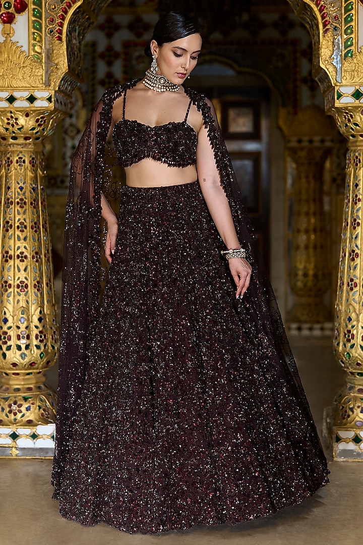 Wine Net Tonal Crystal Embroidered Bridal Lehenga Set by Seema Gujral at Pernia's Pop Up Shop