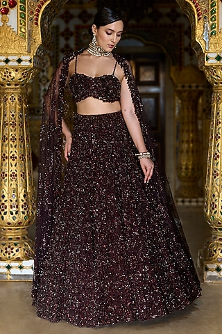 Wine Net Tonal Crystal Embroidered Lehenga Set by Seema Gujral