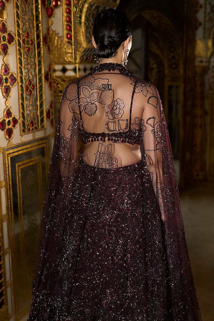 Wine Net Tonal Crystal Embroidered Bridal Lehenga Set by Seema Gujral at Pernia's Pop Up Shop