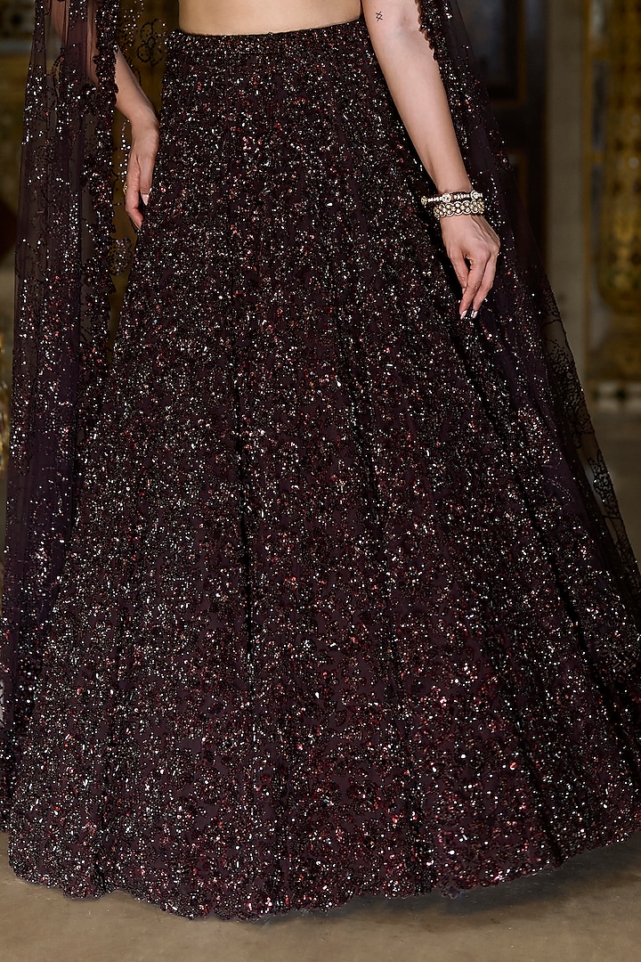 Wine Net Tonal Crystal Embroidered Bridal Lehenga Set by Seema Gujral at Pernia's Pop Up Shop