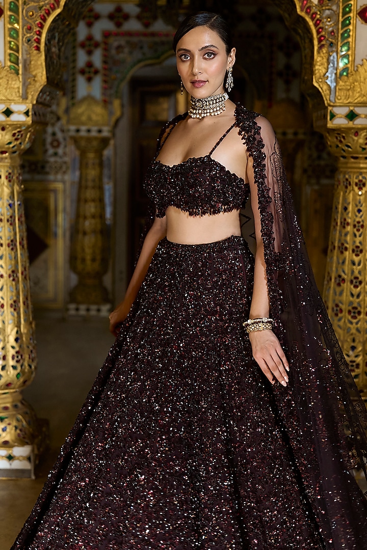 Wine Net Tonal Crystal Embroidered Bridal Lehenga Set by Seema Gujral at Pernia's Pop Up Shop