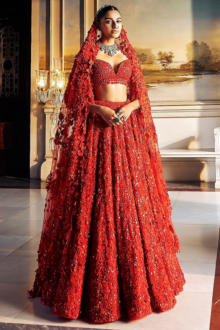 Red Net Tonal Sequins & Crystal Embroidered Lehenga Set by Seema Gujral