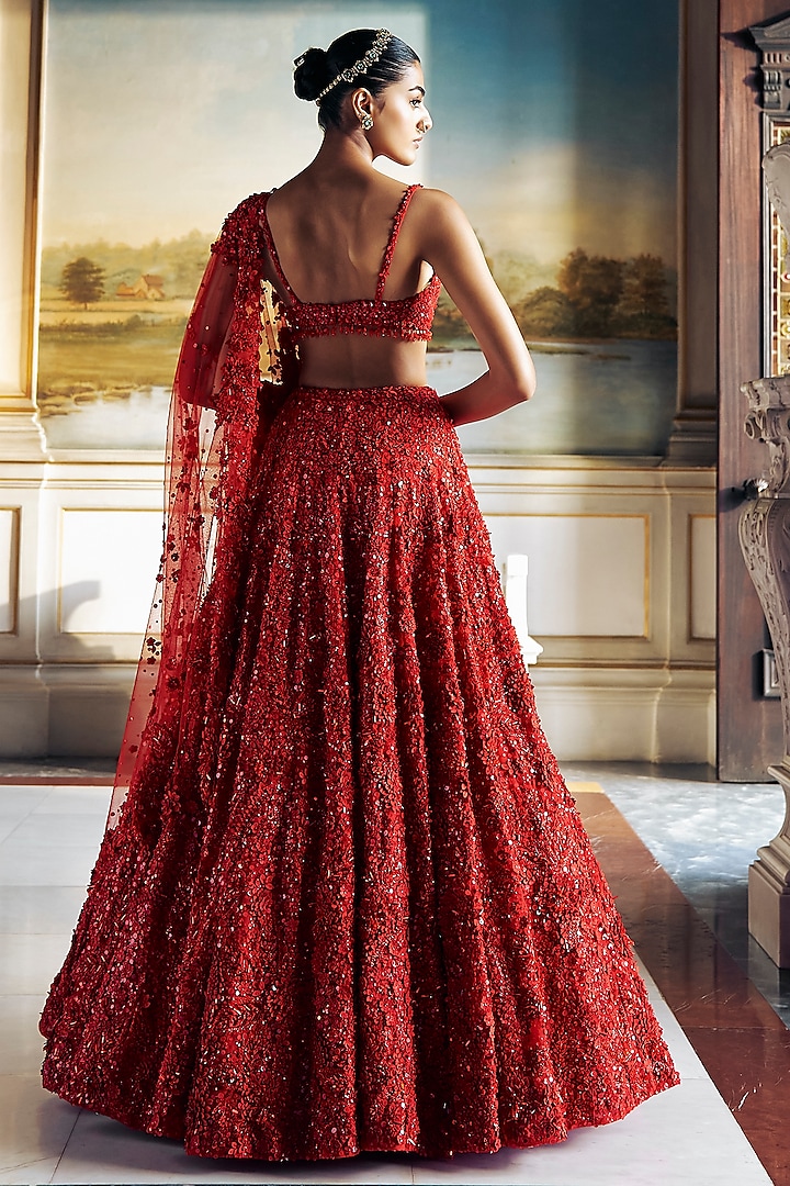 Red Net Tonal Sequins & Crystal Embroidered Bridal Lehenga Set by Seema Gujral at Pernia's Pop Up Shop